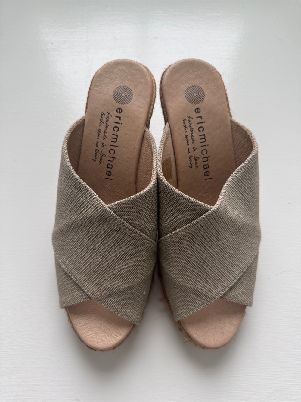 Eric Michael Neutral Taupe Shimmer Crisscross Slide Wedges